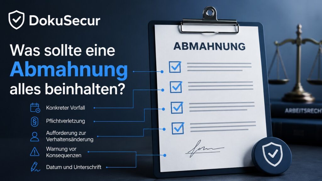 Illustration einer Abmahnung mit Checkliste zu konkretem Vorfall, Pflichtverletzung, Verhaltensänderung, Konsequenzen und Unterschrift
