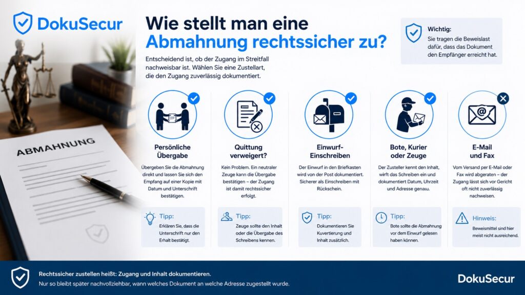Infografik zur rechtssicheren Zustellung einer Abmahnung mit persönlicher Übergabe, Quittung, Einwurf-Einschreiben, Bote oder Kurier sowie Hinweis zu E-Mail und Fax