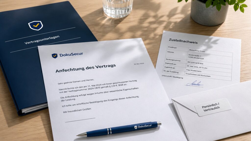 Anfechtungserklärung mit Vertragsunterlagen, Umschlag und Zustellnachweis als seriöses Beitragsbild