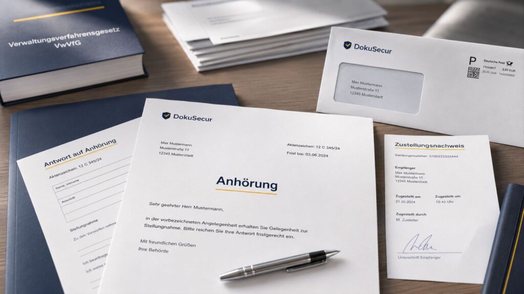 Antwort auf eine Anhörung mit Behördenunterlagen und Zustellnachweis