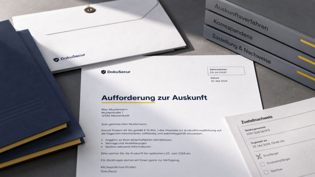 Aufforderung zur Auskunft mit Akten, Umschlag und Zustellnachweis