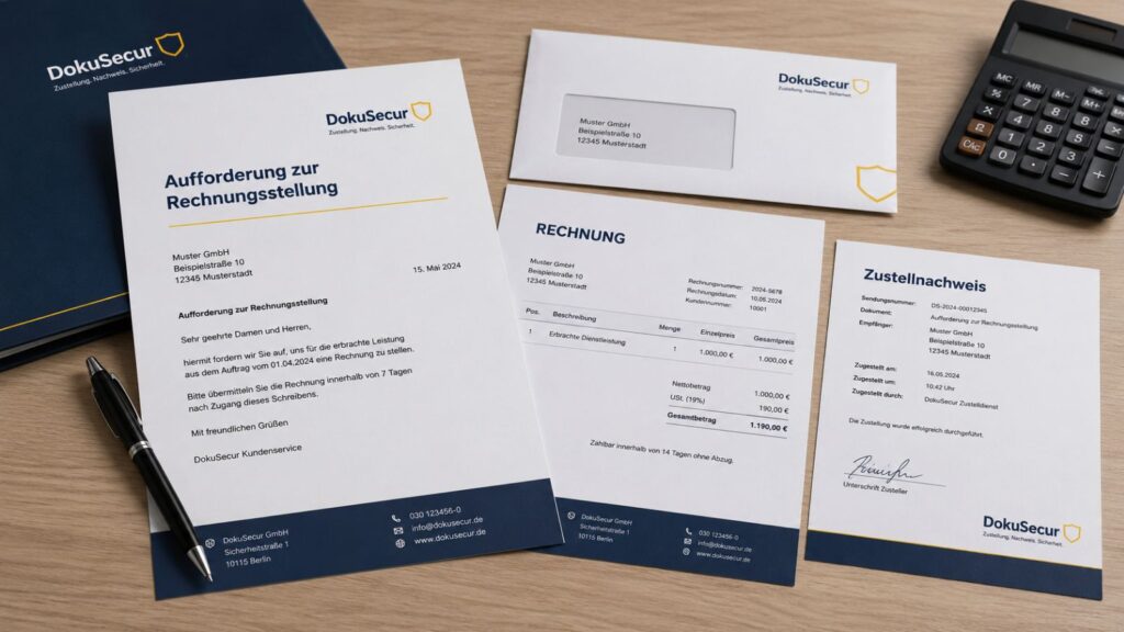 Aufforderung zur Rechnungsstellung mit Rechnungsvorlage, Umschlag und Zustellnachweis