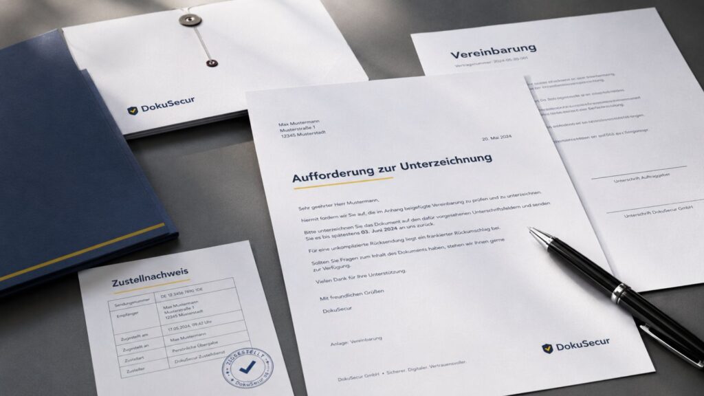 Aufforderung zur Unterzeichnung mit Vertrag, Stift und Zustellnachweis