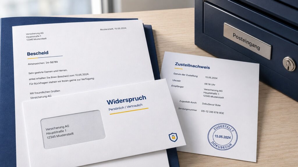 Behördlicher Bescheid mit Widerspruchsschreiben, Umschlag und Zustellnachweis als seriöses Beitragsbild