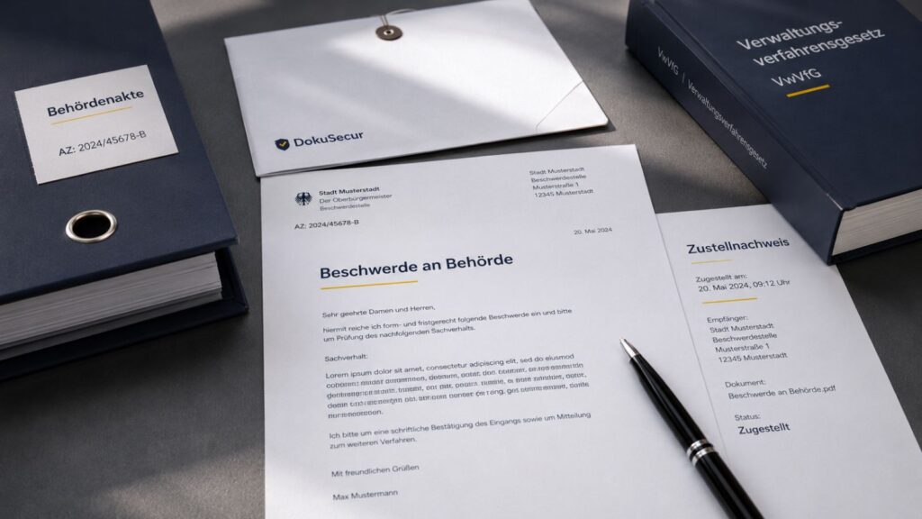 Beschwerde an Behörde mit Behördenakte, Umschlag und Zustellnachweis
