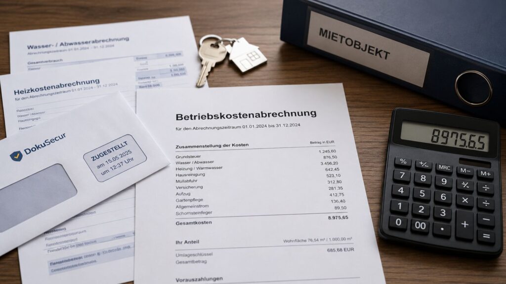 Betriebskostenabrechnung mit Mietunterlagen, Taschenrechner und Zustellnachweis