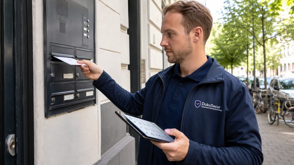 Kurier wirft ein wichtiges Dokument in einen Briefkasten ein und dokumentiert die Zustellung per Tablet in einer belebten Wohnstraße.
