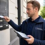 Kurier wirft ein wichtiges Dokument in einen Briefkasten ein und dokumentiert die Zustellung per Tablet in einer belebten Wohnstraße.
