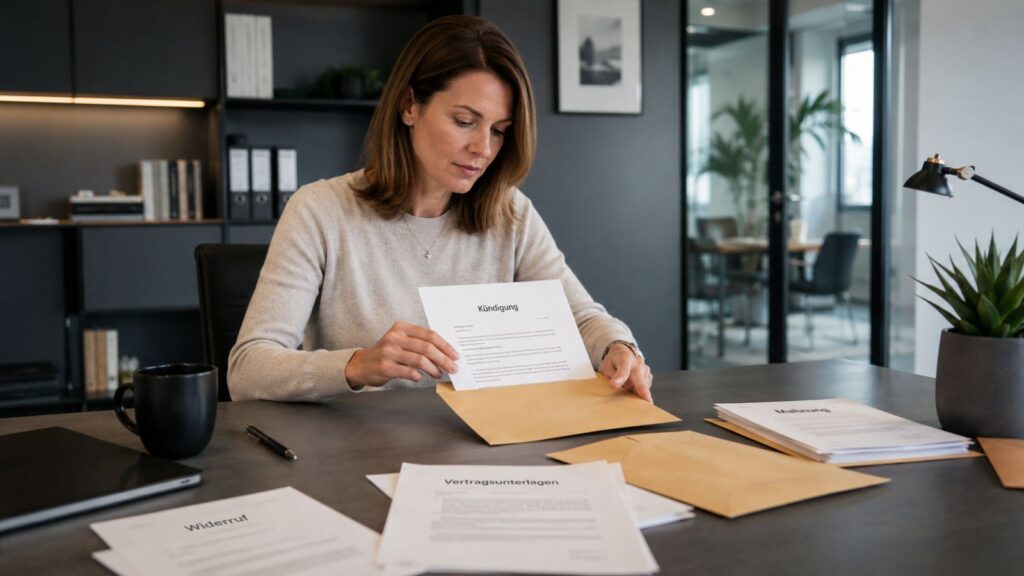Frau bereitet wichtige Dokumente wie Kündigung, Widerruf und Vertragsunterlagen für die Zustellung vor