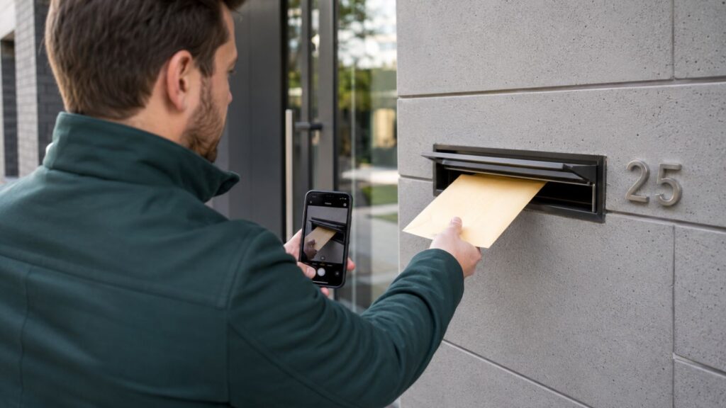 Kurier dokumentiert den Einwurf eines Umschlags in einen Briefkasten mit dem Smartphone