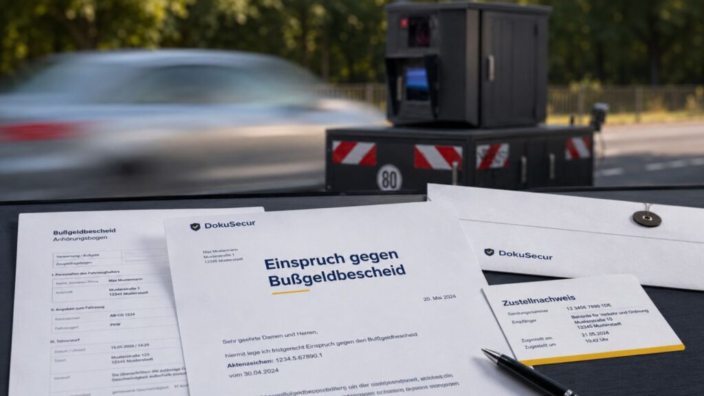 Einspruch gegen Bußgeldbescheid mit Blitzer, Bescheid und Zustellnachweis