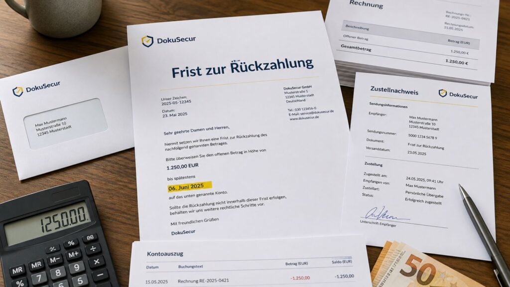 Frist zur Rückzahlung mit Rechnung, Kontoauszug, Geldbetrag und Zustellnachweis
