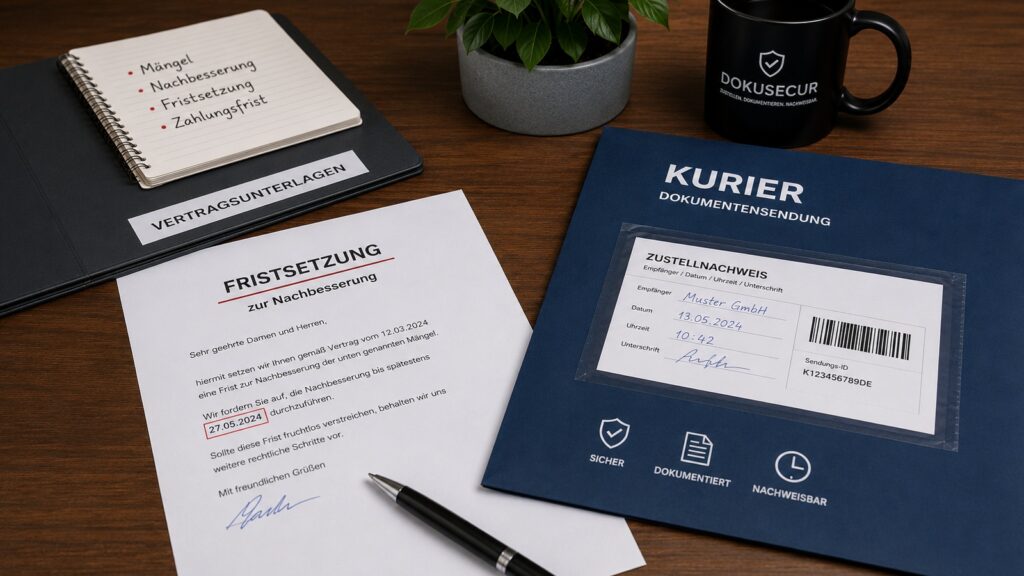 Fristsetzung und Vertragsunterlagen mit Kuriermappe auf Schreibtisch