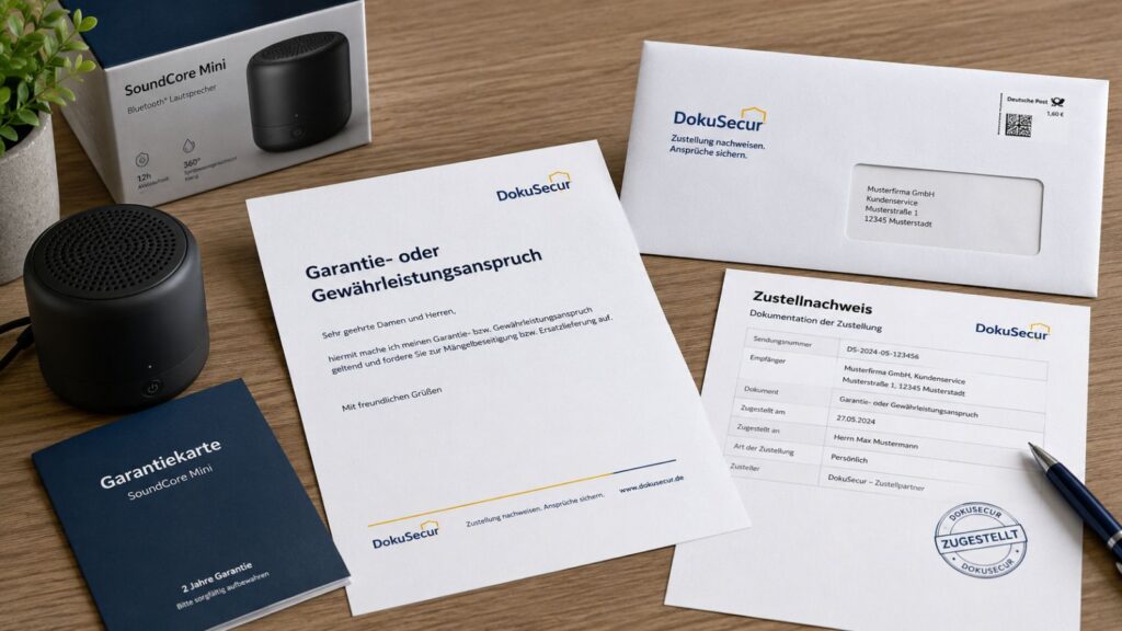 Garantie- oder Gewährleistungsanspruch mit Produkt, Garantiekarte und Zustellnachweis
