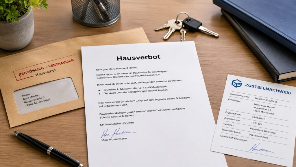 Schriftliches Hausverbot mit Umschlag, Zustellnachweis und Schlüsselbund auf einem modernen Schreibtisch