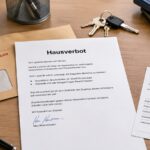 Schriftliches Hausverbot mit Umschlag, Zustellnachweis und Schlüsselbund auf einem modernen Schreibtisch
