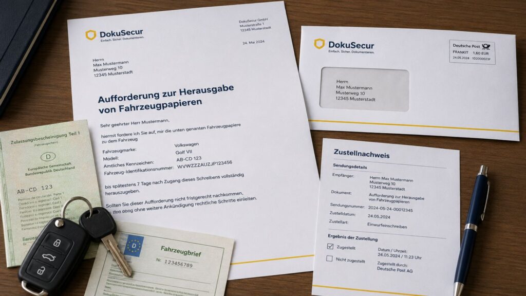 Aufforderung zur Herausgabe von Fahrzeugpapieren mit Autoschlüssel und Dokumenten