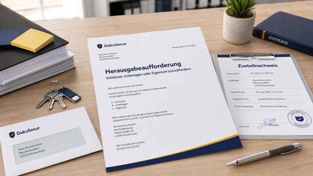 Schriftliche Herausgabeaufforderung mit Schlüssel, Unterlagen, Umschlag und Zustellnachweis auf einem Schreibtisch