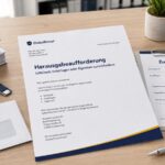 Schriftliche Herausgabeaufforderung mit Schlüssel, Unterlagen, Umschlag und Zustellnachweis auf einem Schreibtisch