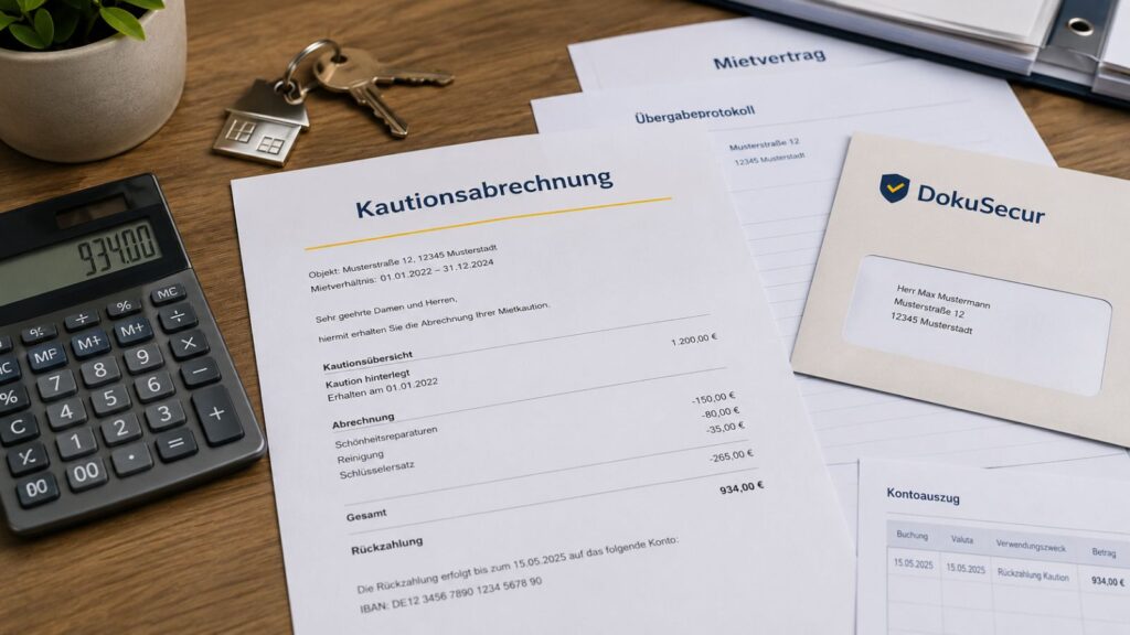 Kautionsabrechnung mit Mietvertrag, Schlüssel, Kontoauszug und Umschlag