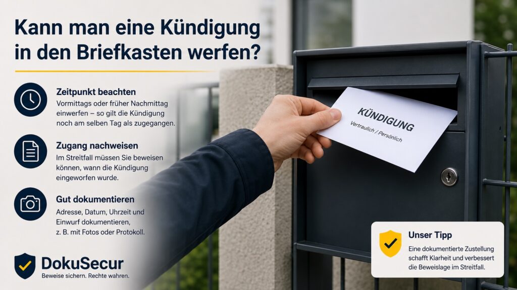 Blogbild zum Einwurf einer Kündigung in den Briefkasten mit Zustellprotokoll als Hinweis darauf, dass Zeitpunkt, Adresse und Zugang nachweisbar dokumentiert werden sollten