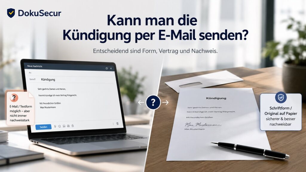 Blogbild zum Thema Kündigung per E-Mail mit Gegenüberstellung von E-Mail auf Laptop und unterschriebenem Kündigungsschreiben auf Papier als Hinweis auf Form, Vertrag und Nachweisbarkeit