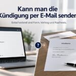 Blogbild zum Thema Kündigung per E-Mail mit Gegenüberstellung von E-Mail auf Laptop und unterschriebenem Kündigungsschreiben auf Papier als Hinweis auf Form, Vertrag und Nachweisbarkeit