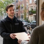 Kurier übergibt ein wichtiges Kündigungsschreiben persönlich an eine Empfängerin vor einer Haustür in einer belebten Wohnstraße.