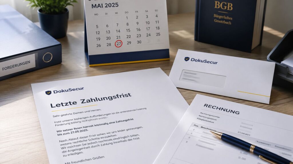 Letzte Zahlungsfrist mit Rechnung, Kalender und Zustellnachweis als seriöses Beitragsbild