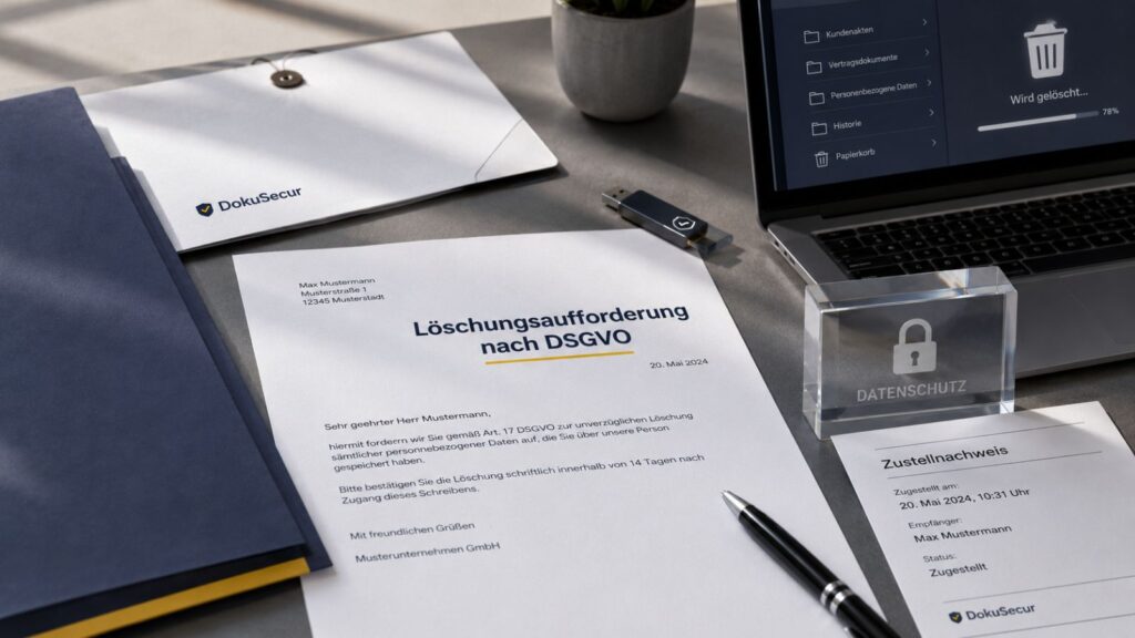 Löschungsaufforderung nach DSGVO mit Datenschutzsymbol, Laptop und Zustellnachweis