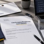 Löschungsaufforderung nach DSGVO mit Datenschutzsymbol, Laptop und Zustellnachweis