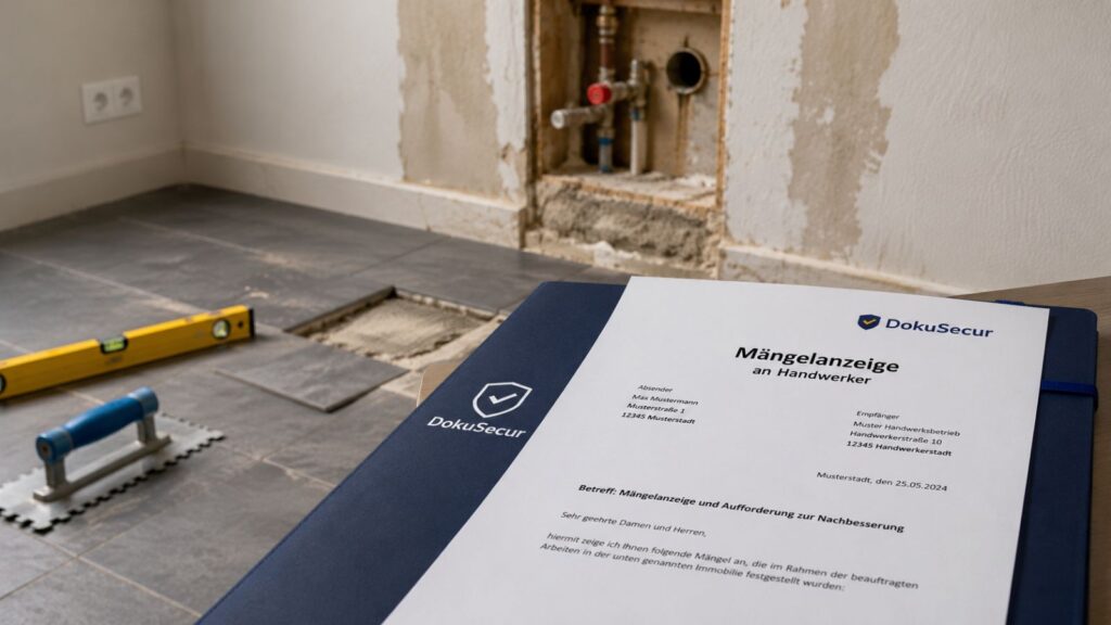 Mängelanzeige an Handwerker mit Baustellensituation und Unterlagen zur Nachbesserung