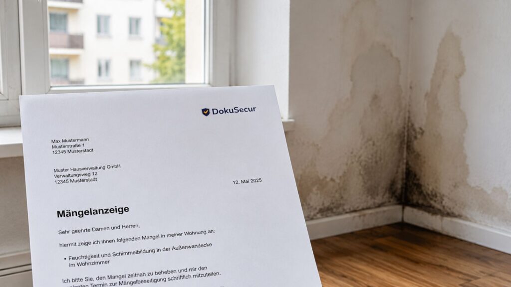 Mängelanzeige an den Vermieter mit sichtbarem Wohnungsmangel und Zustellnachweis