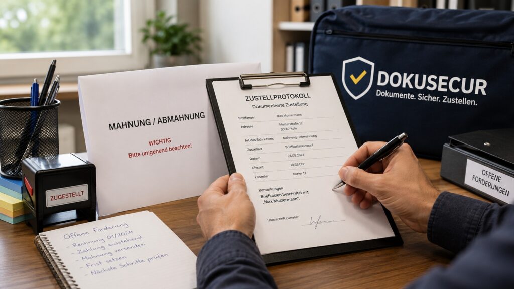 Zustellprotokoll, Mahnung und Abmahnung liegen auf einem Schreibtisch zur Vorbereitung einer dokumentierten Zustellung per Kurier.