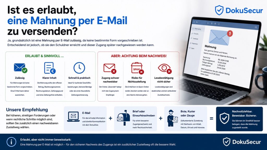 Infografik zur Frage, ob eine Mahnung per E-Mail erlaubt ist, mit Hinweisen zu Zulässigkeit, Zugangsnachweis, Lesebestätigung, Spam-Risiko und zusätzlicher Zustellung per Brief oder Bote