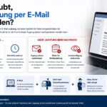 Infografik zur Frage, ob eine Mahnung per E-Mail erlaubt ist, mit Hinweisen zu Zulässigkeit, Zugangsnachweis, Lesebestätigung, Spam-Risiko und zusätzlicher Zustellung per Brief oder Bote
