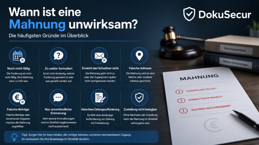 Infografik zu unwirksamen Mahnungen mit Gründen wie fehlende Fälligkeit, unklare Forderung, falsche Adresse, fehlender Zugangsnachweis und falsche Beträge