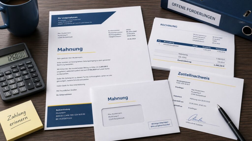 Mahnung mit offener Rechnung, Umschlag und Zustellnachweis als seriöses Beitragsbild