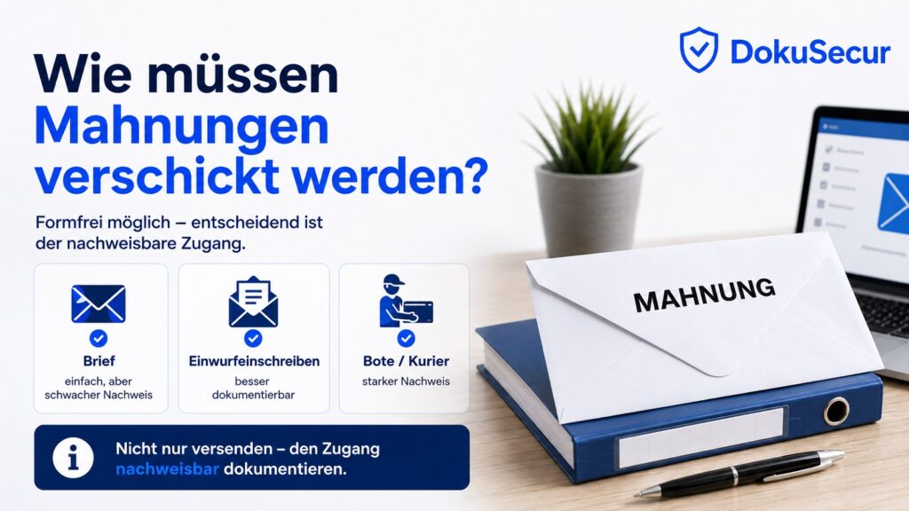 Blogbild zur Frage, wie Mahnungen verschickt werden müssen, mit Brief, Einwurfeinschreiben, Bote oder Kurier und dem Hinweis auf einen nachweisbaren Zugang