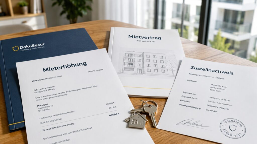 Mieterhöhungsschreiben mit Mietvertrag, Umschlag und Zustellnachweis als seriöses Beitragsbild