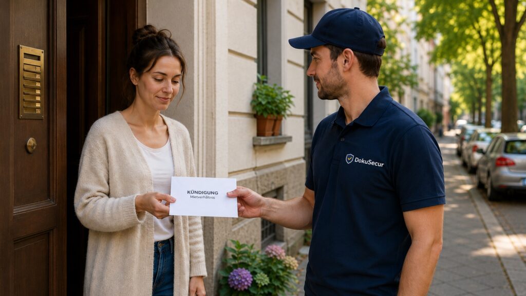 Kurier übergibt eine Mietkündigung persönlich an eine Mieterin vor einer Wohnungstür in einer belebten Wohnstraße.