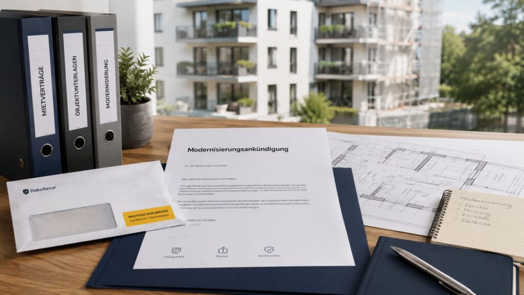 Modernisierungsankündigung mit Bauunterlagen, Mietvertrag und Zustellnachweis