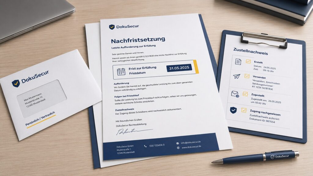 Schriftliche Nachfrist mit Fristdatum, Umschlag und Zustellnachweis auf einem modernen Schreibtisch