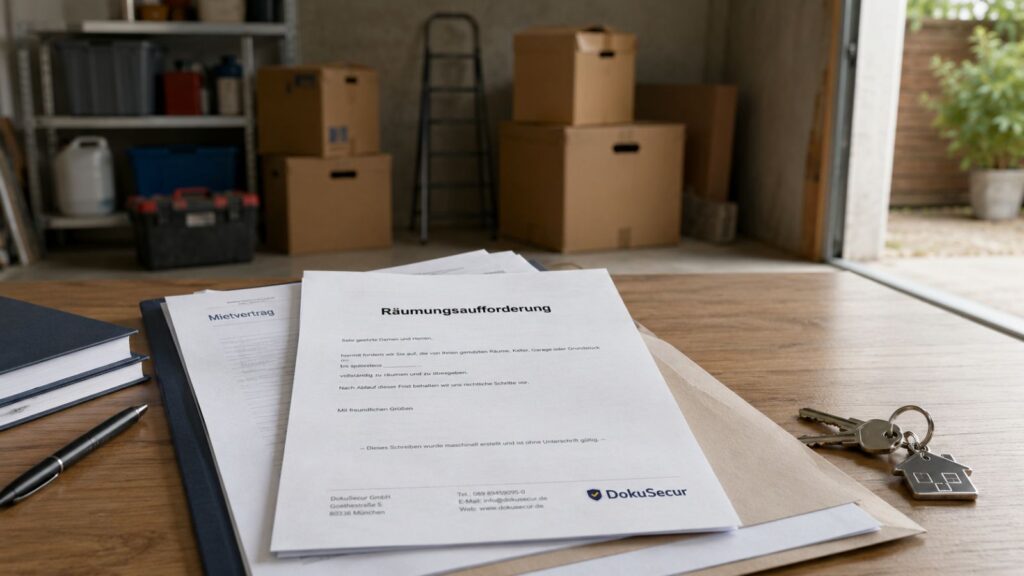 Räumungsaufforderung mit Mietunterlagen, Schlüssel und Räumungssituation als seriöses Beitragsbild
