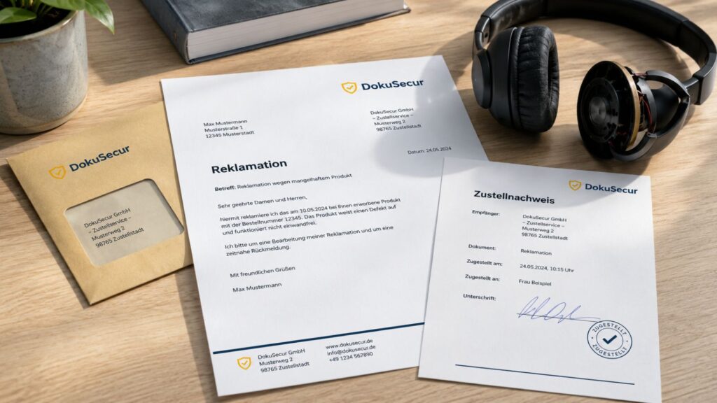 Reklamation mit beschädigtem Produkt, Umschlag und Zustellnachweis