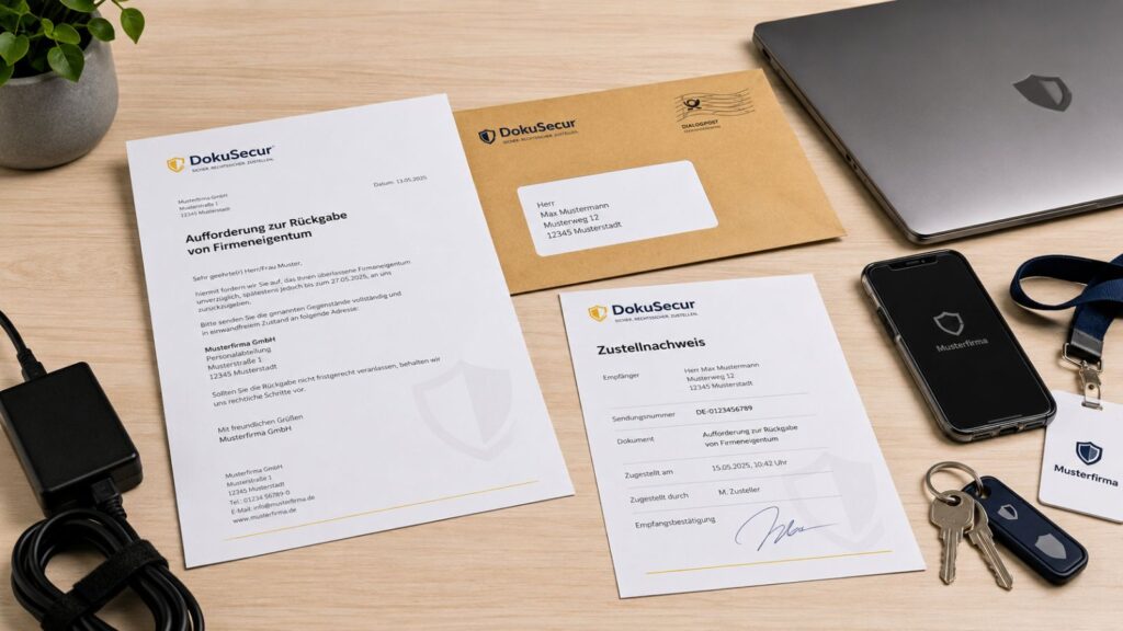 Aufforderung zur Rückgabe von Firmeneigentum mit Laptop, Smartphone, Schlüssel und Zustellnachweis