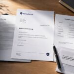 Schriftliche Rücktrittserklärung vom Vertrag mit Umschlag, Vertragsunterlagen und Zustellnachweis auf einem modernen Schreibtisch