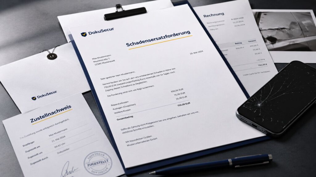 Schadensersatzforderung mit beschädigtem Gegenstand, Rechnung und Zustellnachweis