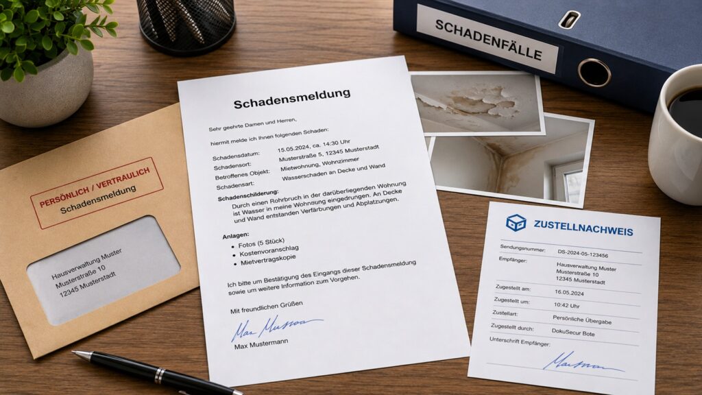 Schriftliche Schadensmeldung mit Fotos, Umschlag und Zustellnachweis auf einem modernen Schreibtisch