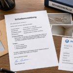 Schriftliche Schadensmeldung mit Fotos, Umschlag und Zustellnachweis auf einem modernen Schreibtisch